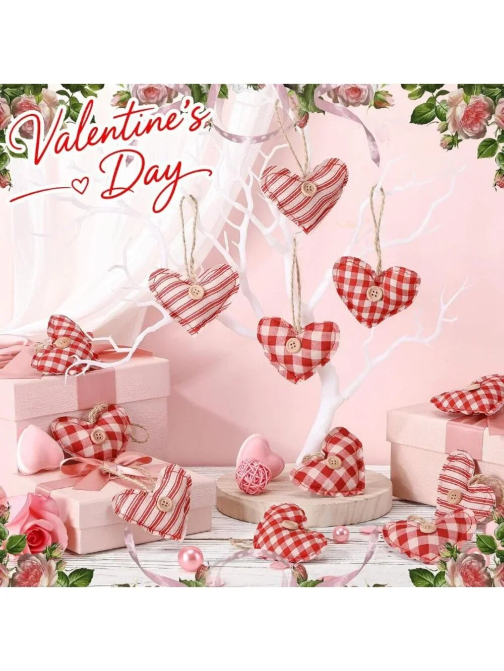 12 Pcs Vintage Heart Ornaments | Rustic Buffalo Plaid Hanging Decor for